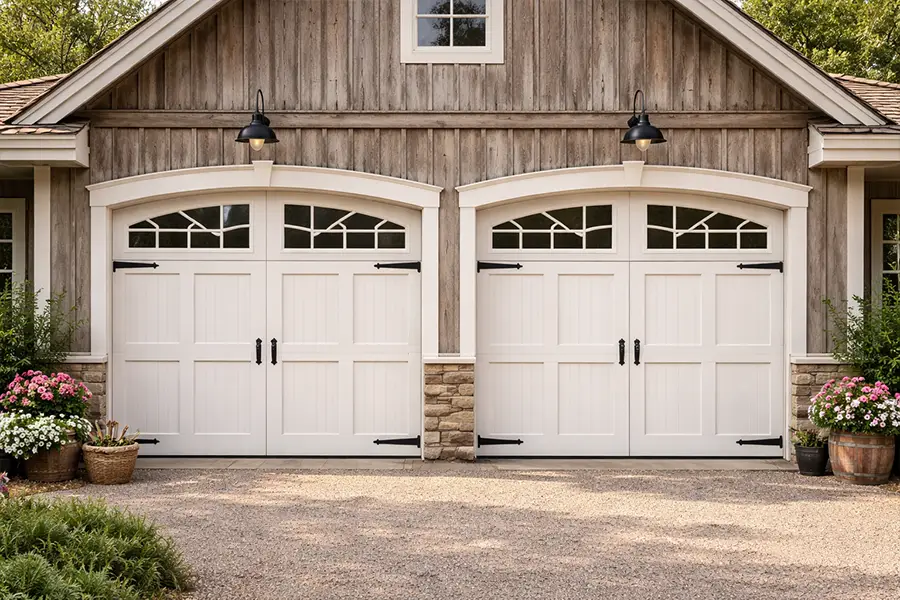 White Rustic Farmhouse Style Garage Doors with Arched Window Inserts