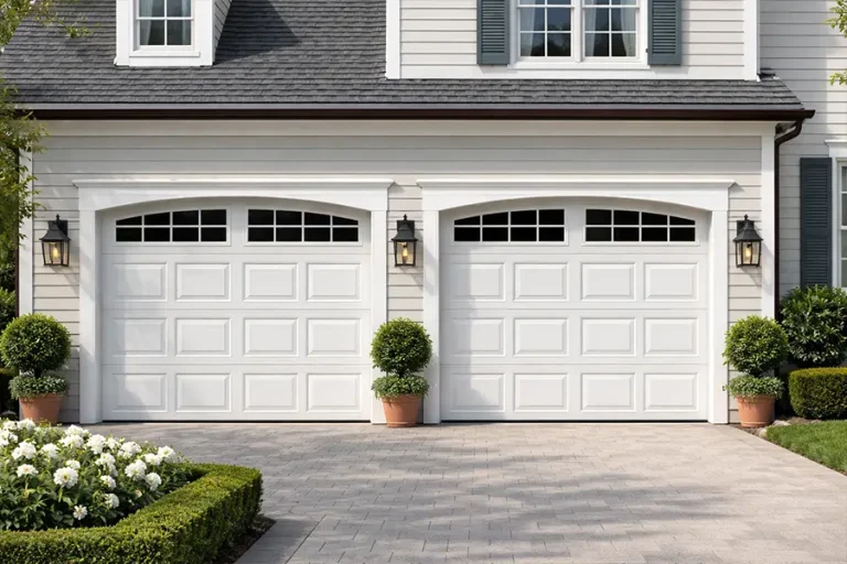White short panel raised-steel garage doors with arched window inserts by ABX Doors for suburban home aesthetics.