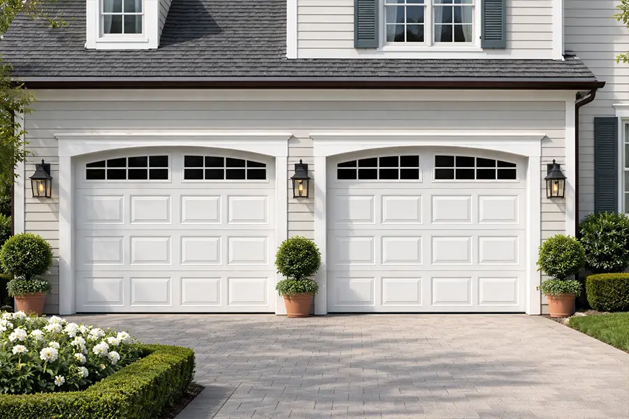 White short panel raised-steel garage doors with arched window inserts by ABX Doors for suburban home aesthetics.