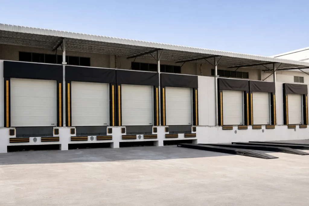 A row of heavy-duty industrial warehouse bay doors equipped with dock seals at a commercial loading dock, showcasing ABX's wholesale manufacturing capabilities for large-scale logistics facilities.