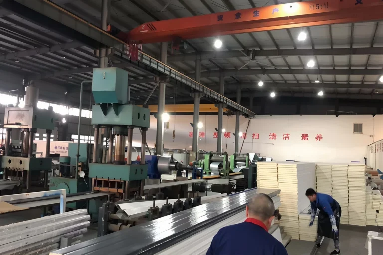 Heavy machinery and production line manufacturing high-density PU sandwich panels at the ABX wholesale insulated sectional doors factory, ensuring high capacity and competitive steel garage door prices.
