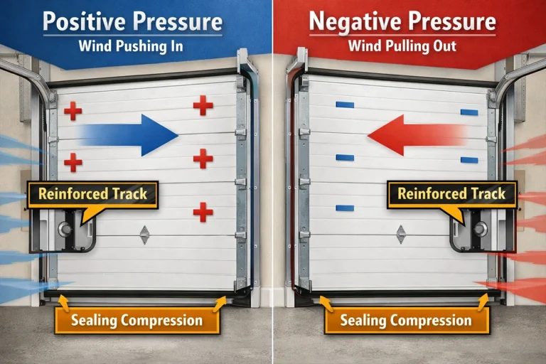 Engineering diagram illustrating positive and negative wind pressure on an ABX wind-resistant door, highlighting reinforced tracks and sealing compression.