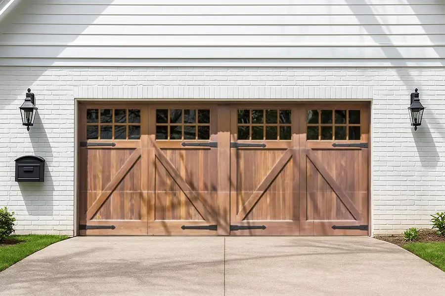 Traditional wood grain carriage house garage door with windows and decorative X-brace design