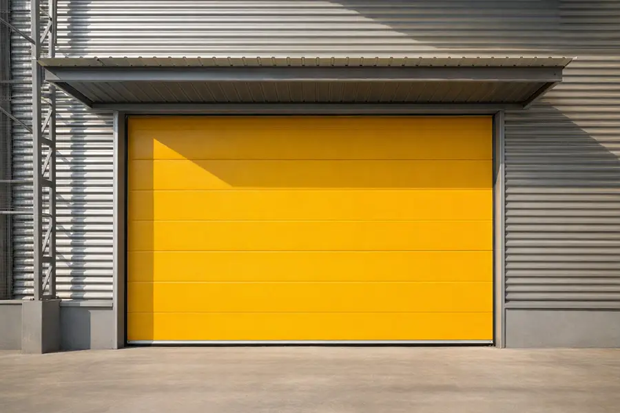 Industrial sandwich panel door in safety yellow finish installed at a heavy-duty loading dock for temperature control.