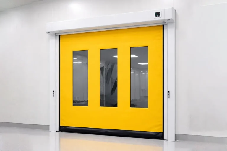 Yellow zipper self-recovery high speed door with vertical vision panels and a white dust-proof frame, installed in an ISO-certified cleanroom.